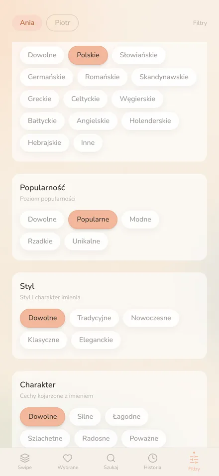 Filtry imion: płeć, pochodzenie, popularność