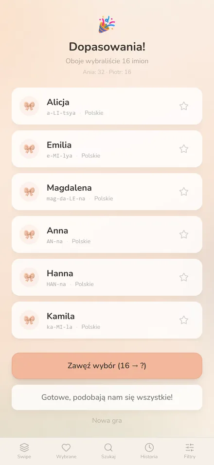 Lista dopasowań: imiona, które spodobały się obojgu